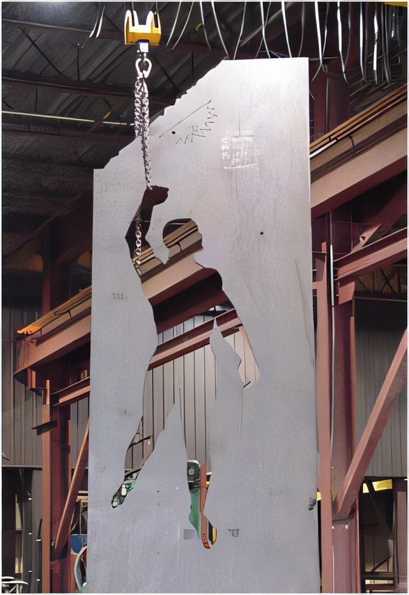 A figure profile-cut from a full sheet of steel plate, hanging from the chain hoist in the shop