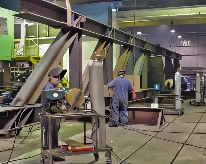 Fitters and welders working around a large tapered beam on the shop floor