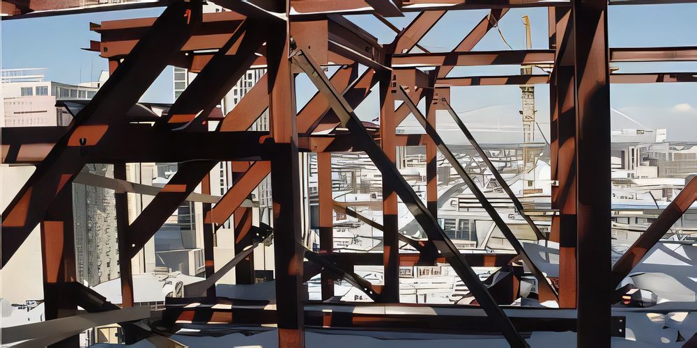 Red-primed structural steel framing erected high above the city, a tower crane behind it
