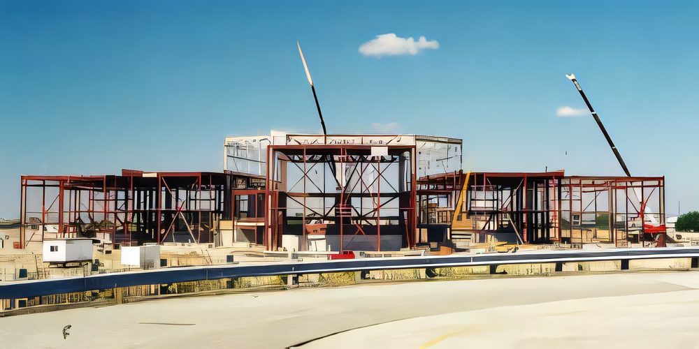 The steel skeleton of a wide, low building going up, mobile cranes at both ends