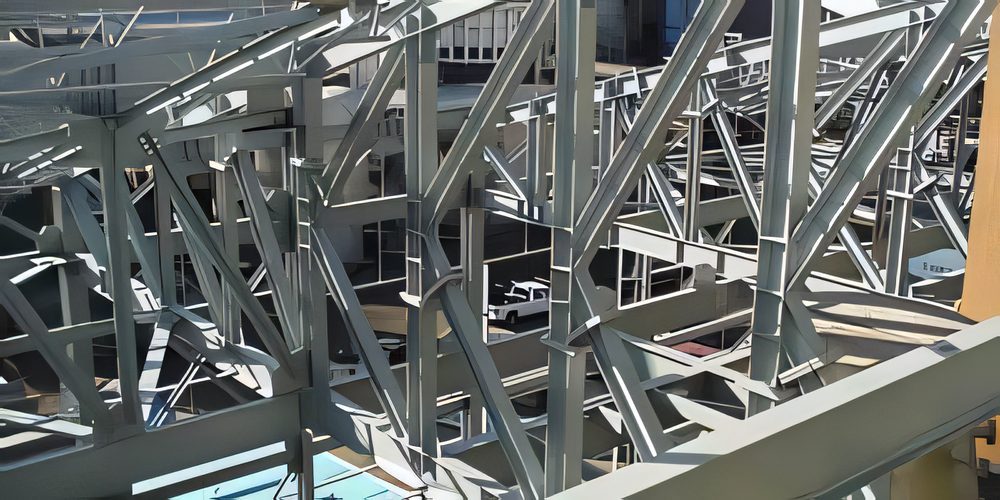 Galvanized steel roof trusses seen from above, streets below
