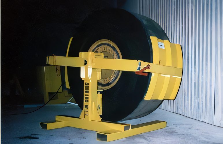 A custom yellow handling stand fabricated in the shop, holding a large equipment tire