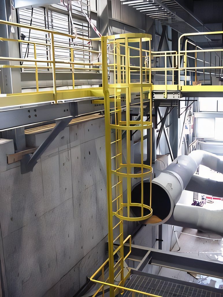 A yellow caged access ladder running up beside a large duct, platforms above
