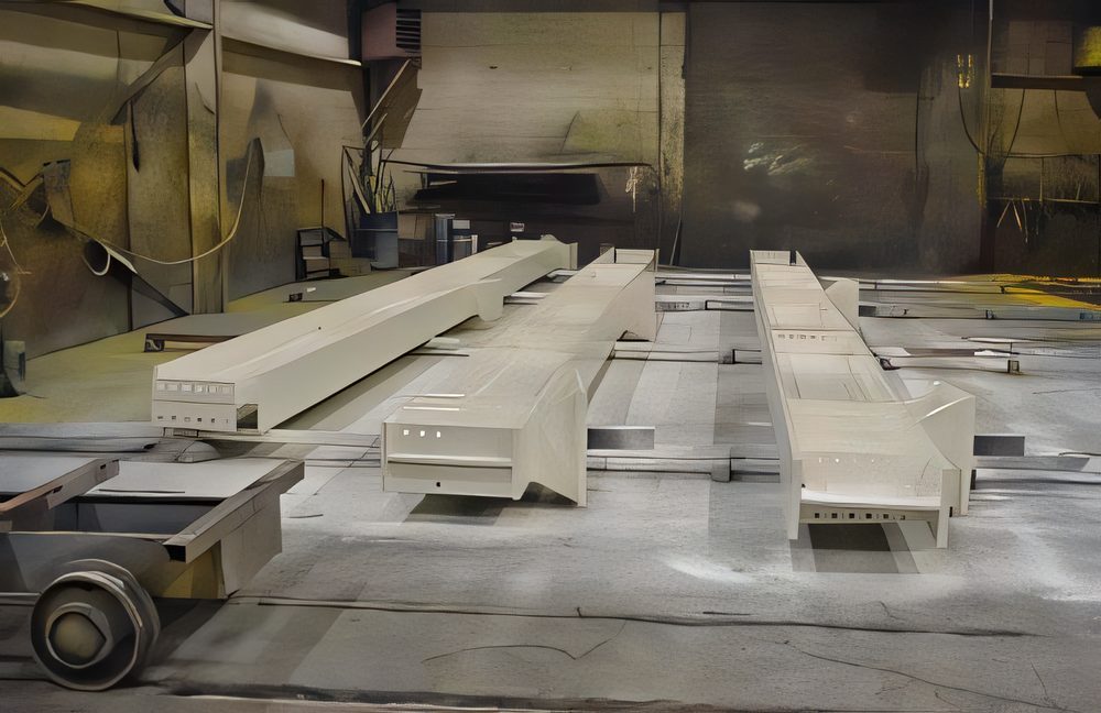 Freshly coated beams lined up in the paint shop