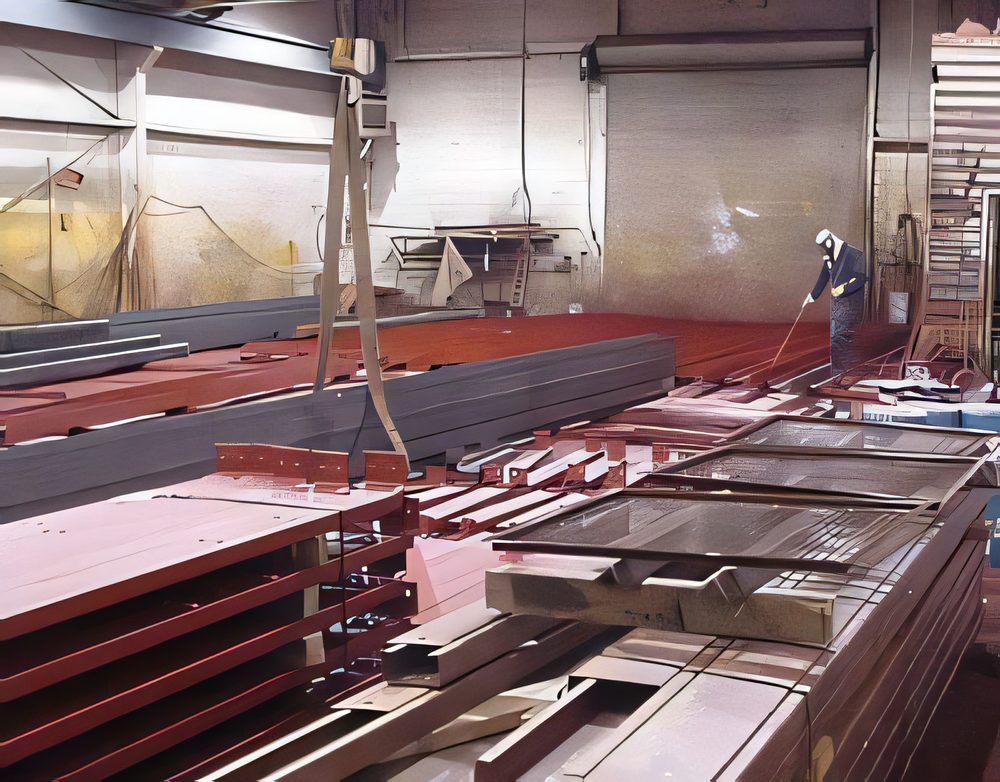 Red-primed steel bundles in the shop, a worker sweeping the top flange