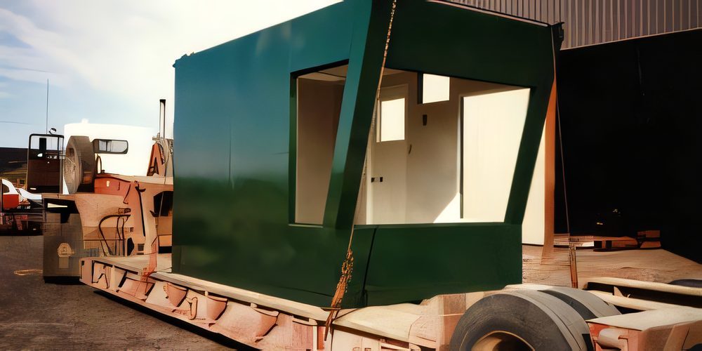 A green plate enclosure chained down on a lowboy trailer
