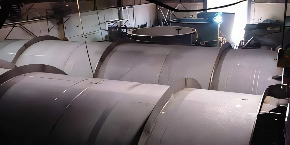 Large rolled plate cylinders lined up across the shop floor