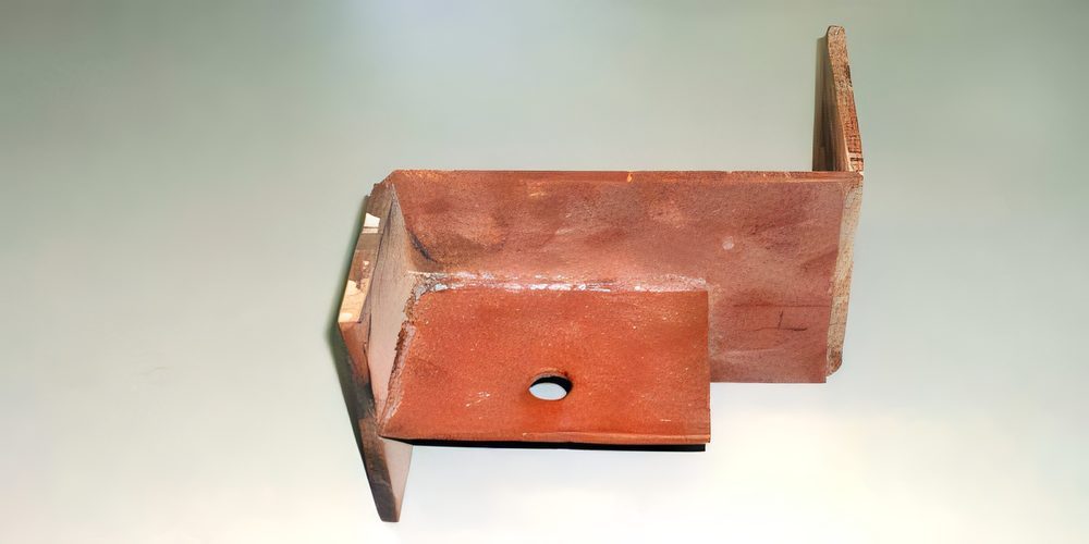 A small red-primed plate bracket with a single bolt hole