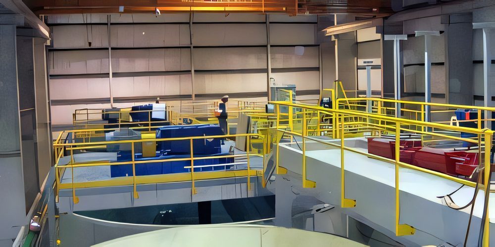 Yellow steel guardrails and platforms around machinery inside a plant