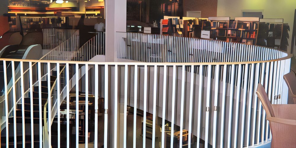 A curved white picket railing around a mezzanine in a theatre lobby