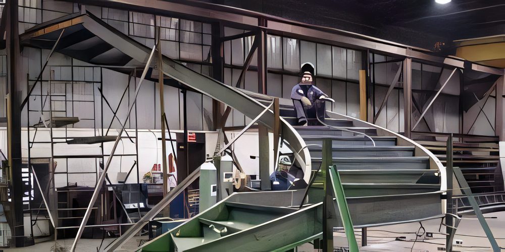 A curved steel stair taking shape in the shop, a fitter sitting at the top of the stringer