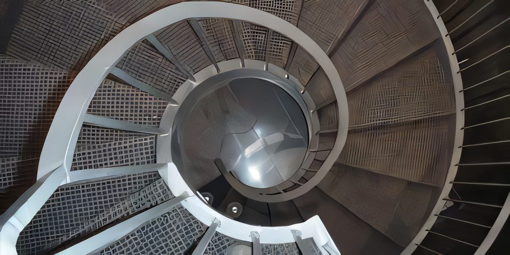 A spiral staircase with mesh treads, seen straight down from above