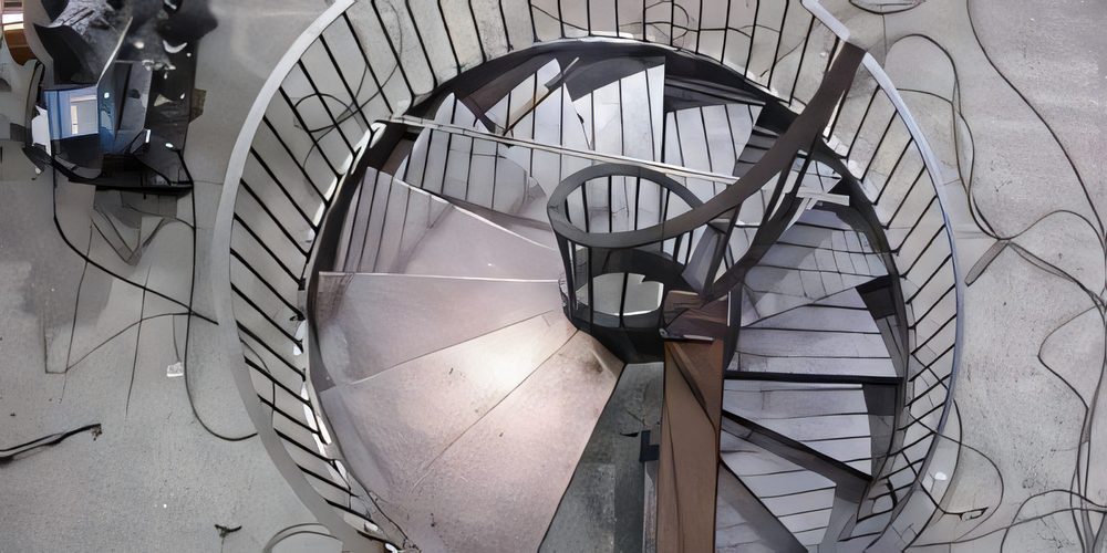 A spiral stair with its circular guard cage, seen from above on the shop floor