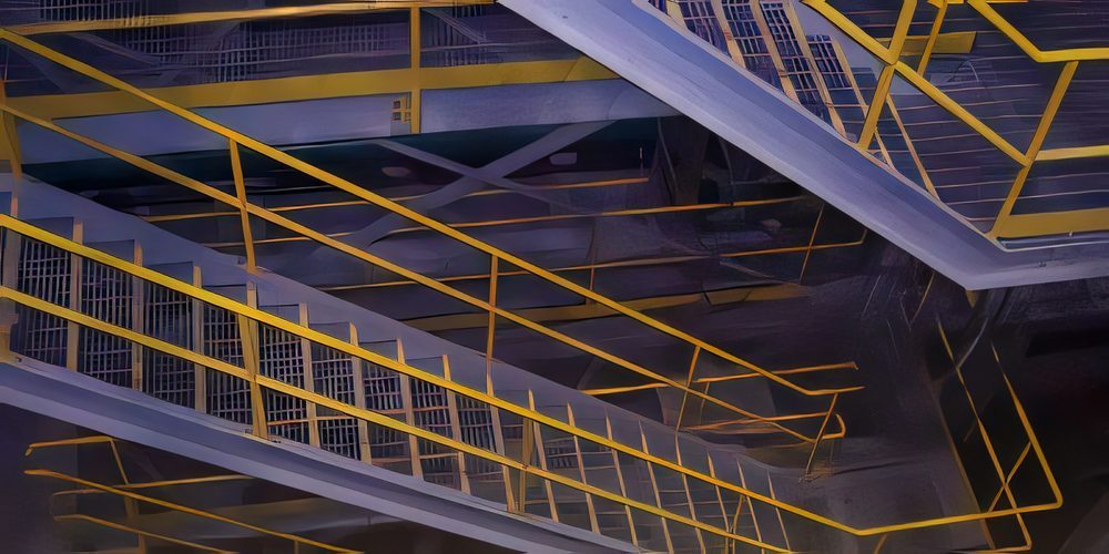 Switchback industrial stairs with grated treads and yellow handrails