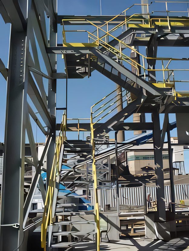 Outdoor steel stair towers with yellow handrails at an industrial site
