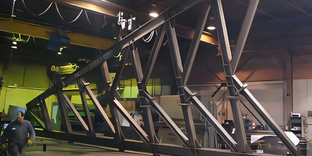 A long dark steel truss on the shop floor, under the overhead crane