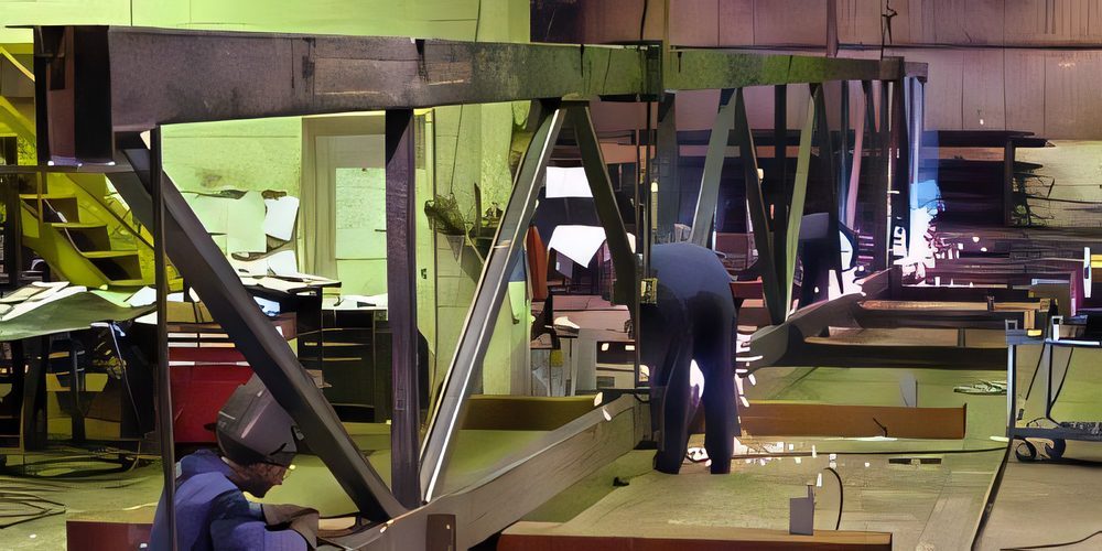 Welders working along a long truss in the shop, sparks at the far end