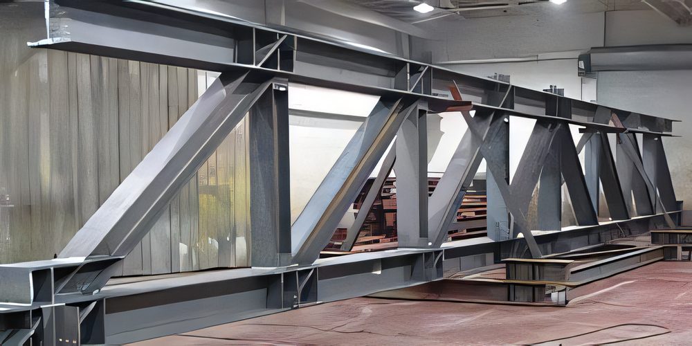 A grey-primed truss standing on blocking on the shop floor