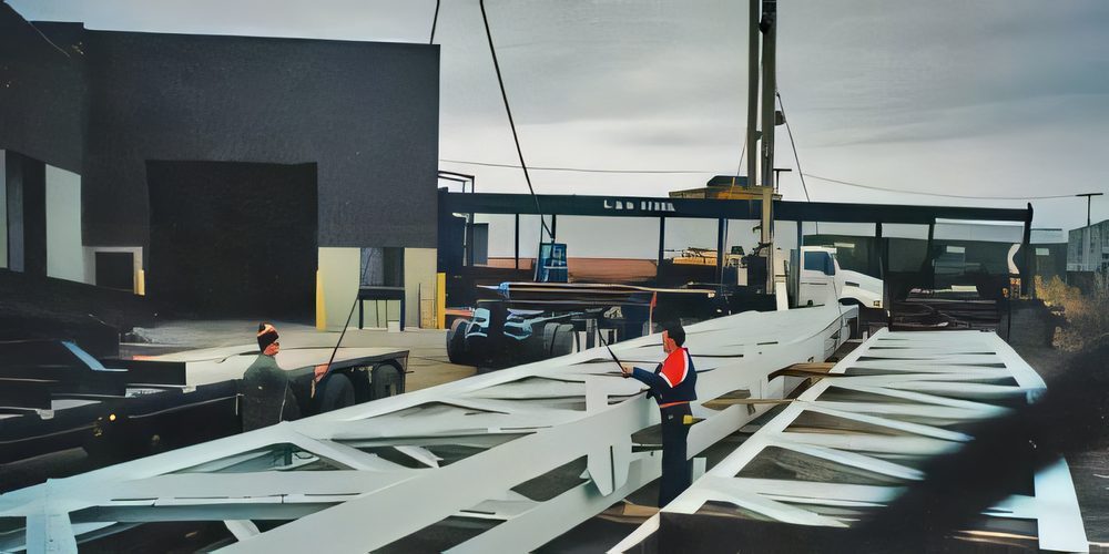 White-painted joists laid out in the yard, two workers alongside